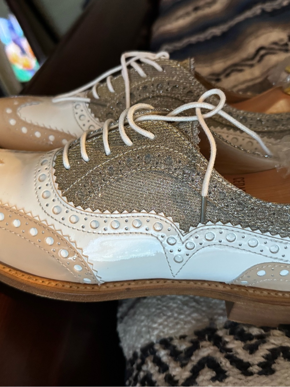 White and Metallic Knit Wingtip Lace-Up Flats